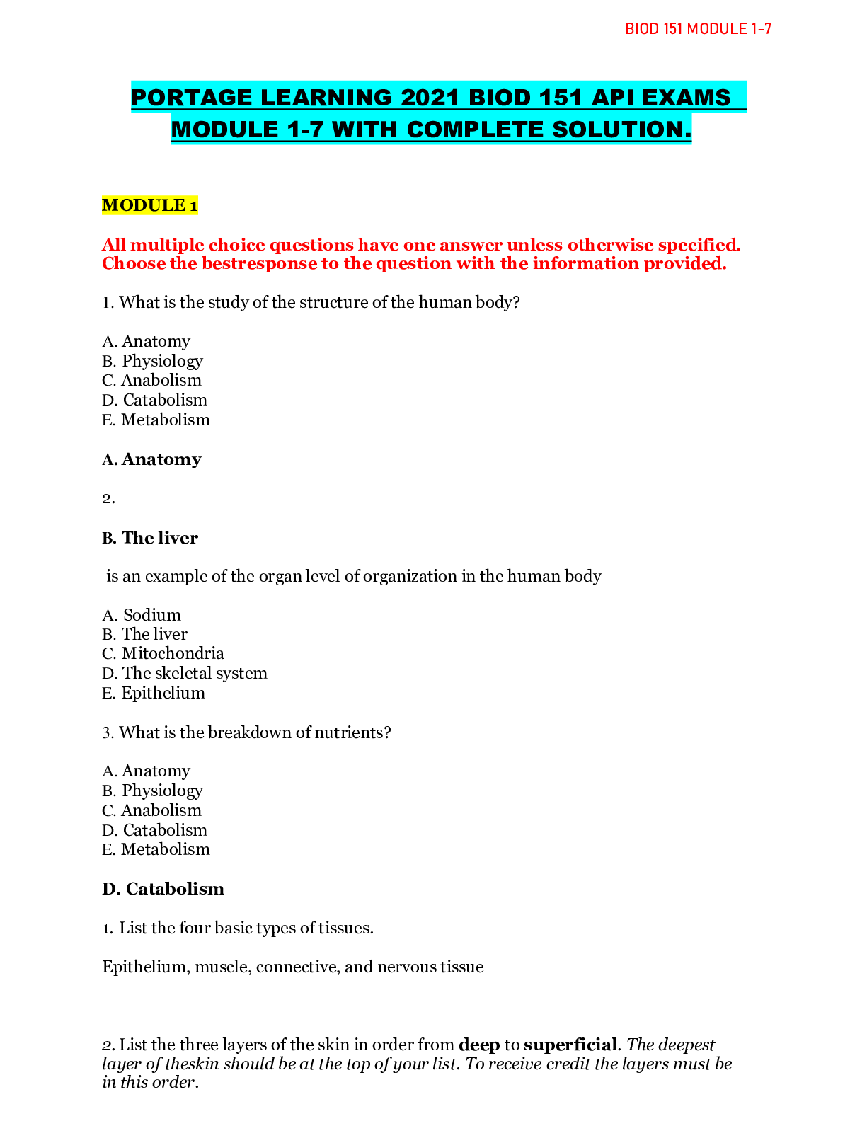 Preview image for PORTAGE LEARNING 2021 BIOD 151 API EXAMS MODULE 1-7 WITH COMPLETE SOLUTION